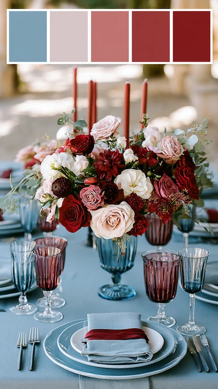 Dusty Blue Wedding Ideas: The Complete Color Palette Guide 7 Dusty blue and burgundy wedding tablescape with red florals, blue goblets, candles, and romantic color palette