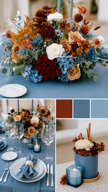 Dusty Blue Wedding Ideas: The Complete Color Palette Guide 13 Dusty blue and burnt orange wedding tablescape with autumn florals, candles, and seasonal color palette inspiration