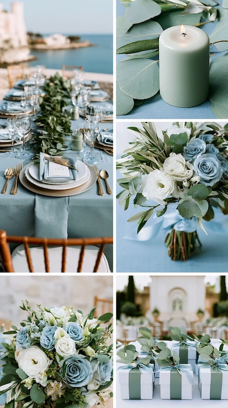 Dusty Blue Wedding Ideas: The Complete Color Palette Guide 8 Dusty blue and greenery wedding inspiration board with bouquets, candles, favors, and elegant coastal tablescape