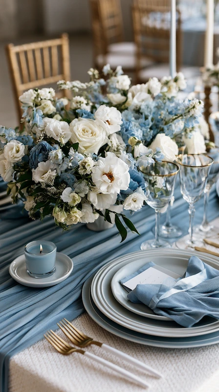 Dusty Blue Wedding Ideas: The Complete Color Palette Guide 6 Dusty blue and white wedding tablescape with layered plates, soft blue linens, candles, and romantic floral centerpieces