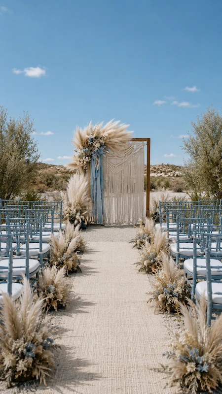 Dusty Blue Wedding Ideas: The Complete Color Palette Guide 15 Dusty blue boho wedding ceremony aisle with pampas grass florals, macramé arch, and blue chiavari chairs outdoors