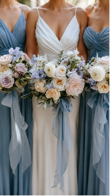 Dusty Blue Wedding Ideas: The Complete Color Palette Guide 11 Bride and bridesmaids in dusty blue dresses holding pastel bouquets with flowing blue ribbons in romantic light