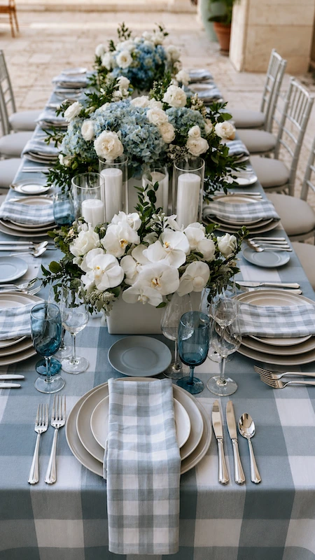 Dusty Blue Wedding Ideas: The Complete Color Palette Guide 10 Dusty blue gingham wedding tablescape with orchids, hydrangeas, candles, and layered place settings outdoors