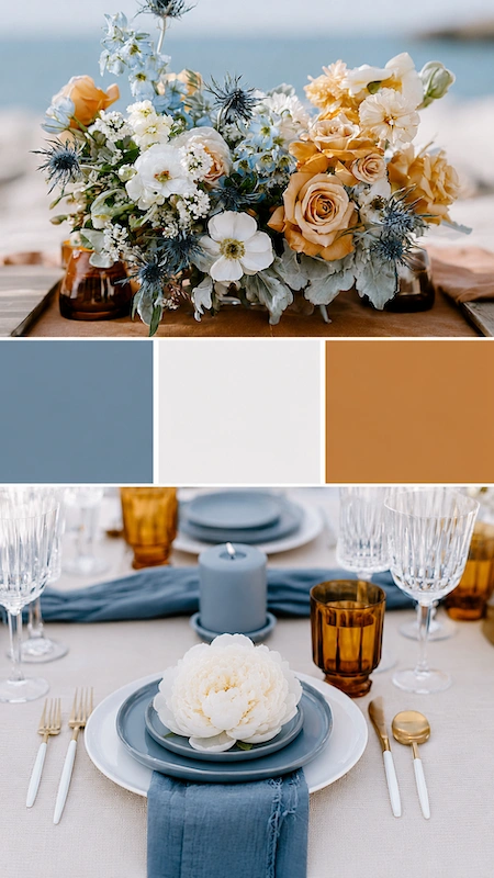 Wedding color palettes: 25 combinations that actually work 9 Dusty blue and golden yellow wedding palette with ranunculus, crystal stemware, and elegant coastal tablescape