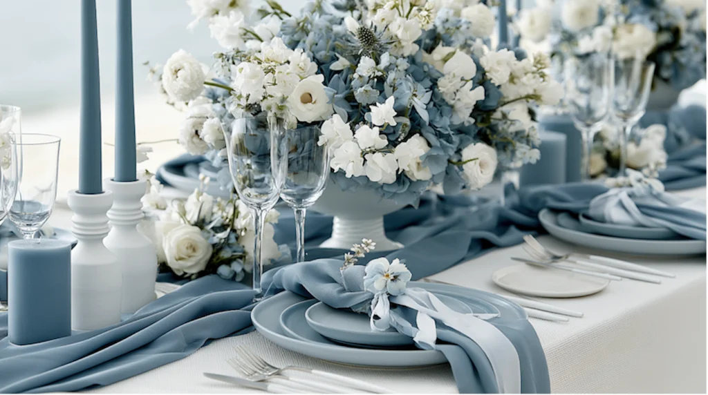 Dusty blue wedding tablescape with soft blue linens, white florals, candles, and elegant monochromatic place settings