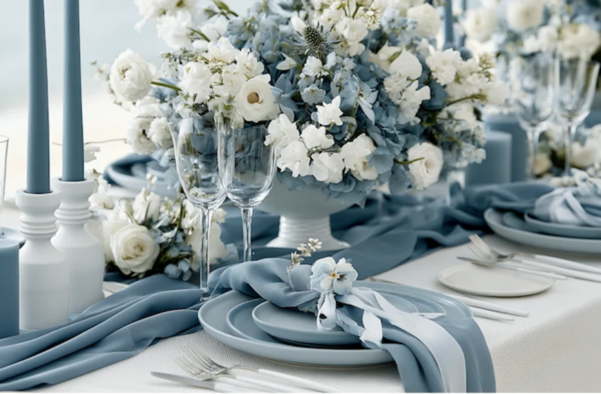 Wedding Decor 8 Dusty blue wedding tablescape with soft blue linens, white florals, candles, and elegant monochromatic place settings