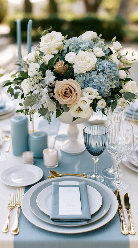Dusty Blue Wedding Ideas: The Complete Color Palette Guide 12 Dusty blue summer wedding tablescape with hydrangeas, ivory roses, blue candles, and gold flatware outdoors