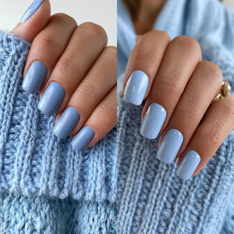 Dusty Blue Wedding Ideas: The Complete Color Palette Guide 3 Dusty blue and ice blue nail polish comparison with glossy square nails styled against soft blue knit sweaters