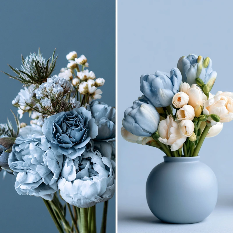 Dusty Blue Wedding Ideas: The Complete Color Palette Guide 2 Dusty blue and pale blue floral arrangements with roses, tulips, and soft blooms in an elegant color comparison board