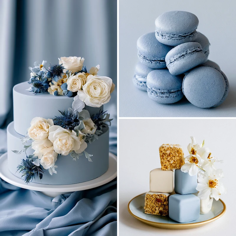 Dusty Blue Wedding Ideas: The Complete Color Palette Guide 4 Dusty blue wedding cake, macarons, and desserts styled with ivory florals in a soft powder blue inspiration board