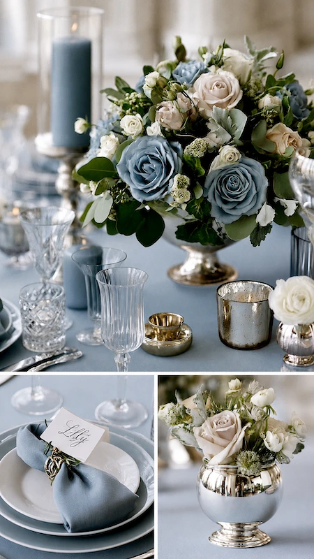 Dusty Blue Wedding Ideas: The Complete Color Palette Guide 9 Dusty blue wedding centerpiece with blue roses, silver accents, candles, and elegant place settings in soft neutrals