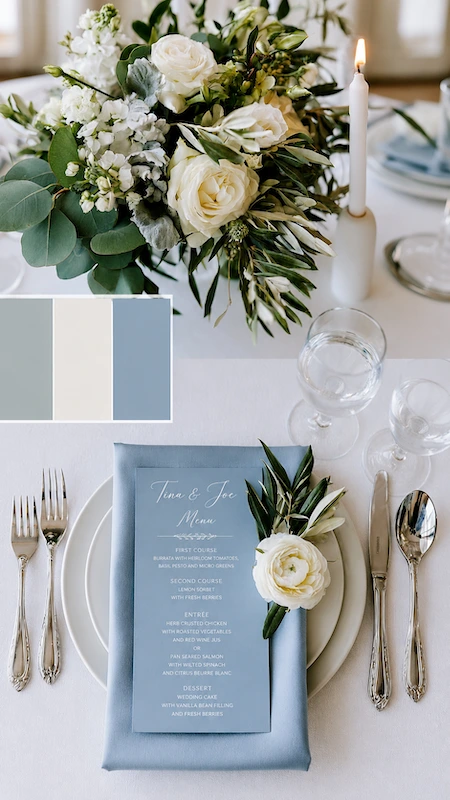 Wedding color palettes: 25 combinations that actually work 6 Dusty blue wedding tablescape with ivory roses, silver flatware, candlelight, and elegant printed dinner menu