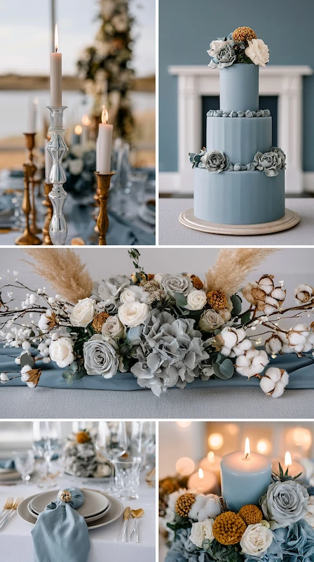 Dusty Blue Wedding Ideas: The Complete Color Palette Guide 14 Dusty blue winter wedding inspiration board with floral centerpieces, candles, cake, and soft seasonal styling