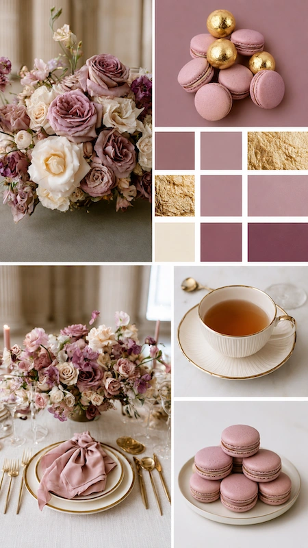 Wedding color palettes: 25 combinations that actually work 10 Dusty mauve wedding inspiration board with roses, blush macarons, gold accents, tea setting, and romantic tablescape