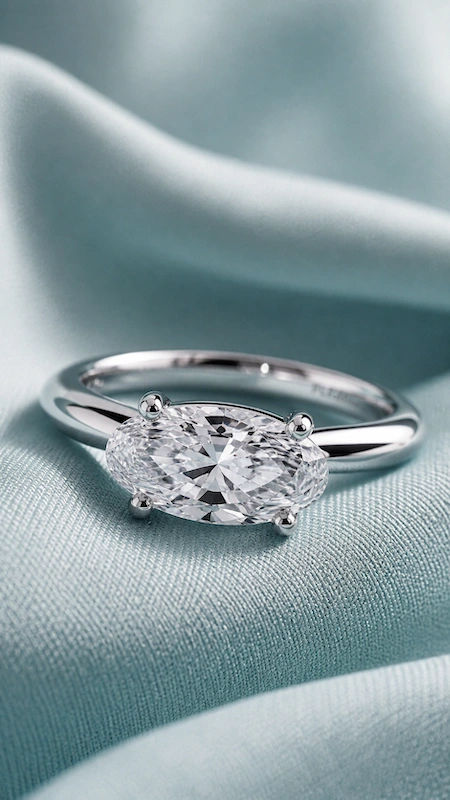 Popular Engagement Rings That Will Still Turn Heads in 20 Years 9 East west oval diamond engagement ring in platinum on pale turquoise silk, close-up with soft folds and luminous sparkle