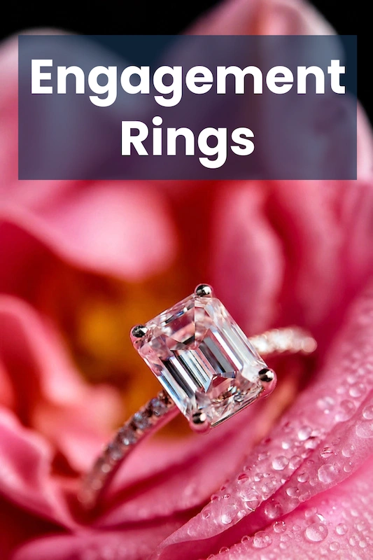 Emerald-cut diamond engagement ring on pink rose with dewdrops and “Engagement Rings” text overlay, bridal jewelry