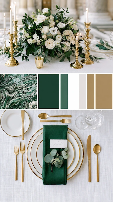Wedding color palettes: 25 combinations that actually work 25 Emerald green and gold wedding palette with ivory roses, brass candlesticks, marble accents, and luxe place settings