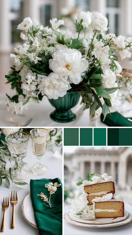 Wedding color palettes: 25 combinations that actually work 13 Emerald green and white wedding palette with peonies, gold accents, elegant tablescape, and layered cake display