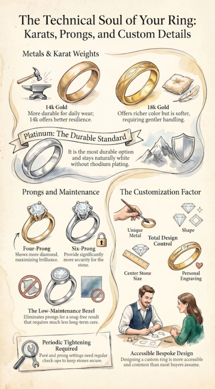 Popular Engagement Rings That Will Still Turn Heads in 20 Years 12 Infographic on engagement ring details showing karats, metals, prongs, bezel settings, and customization options for buyers