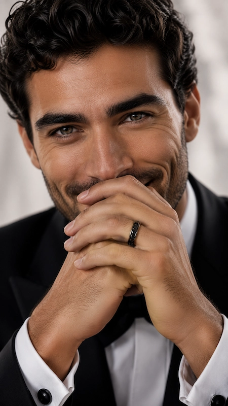 Black Diamond Wedding Rings for Men: Bold, Masculine, and Built to Last 3 Smiling groom in black tuxedo wearing a sleek black diamond wedding band in an elegant close-up portrait shot