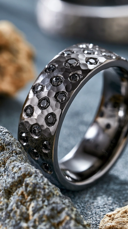 Black Diamond Wedding Rings for Men: Bold, Masculine, and Built to Last 6 Hammered black men’s wedding band with scattered black diamonds in a bold textured luxury close-up composition