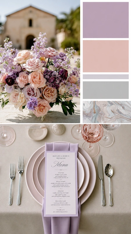 Wedding color palettes: 25 combinations that actually work 17 Soft lavender and blush wedding palette with romantic florals, elegant menu card, and timeless pastel tablescape