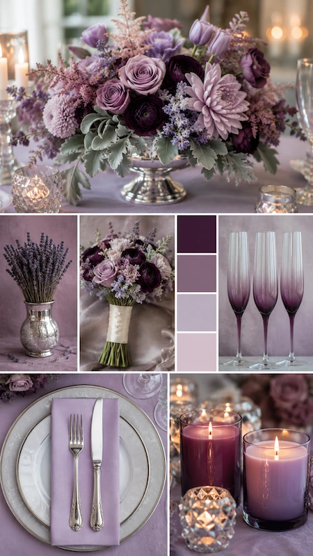 Wedding color palettes: 25 combinations that actually work 15 Lavender wedding mood board with purple florals, taper candles, ombré champagne flutes, and romantic tablescape