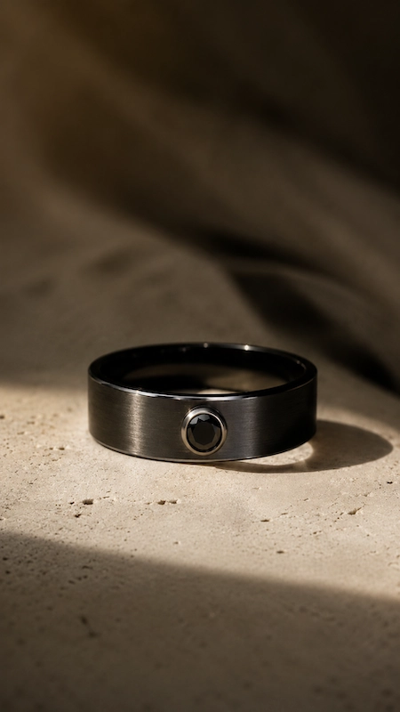 Black Diamond Wedding Rings for Men: Bold, Masculine, and Built to Last 5 Matte black men’s wedding band with bezel-set black diamond resting in warm light on a textured stone surface