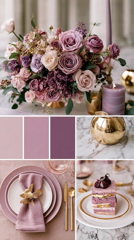Wedding color palettes: 25 combinations that actually work 21 Mauve and dusty purple wedding palette with romantic roses, gold accents, blush tablescape, and lavender cake