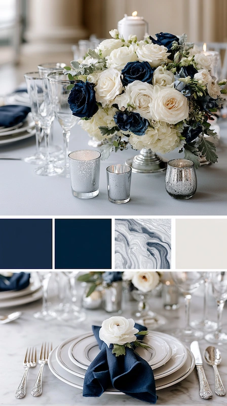 Wedding color palettes: 25 combinations that actually work 26 Midnight blue and silver wedding palette with ivory roses, marble accents, candlelight, and elegant navy linens