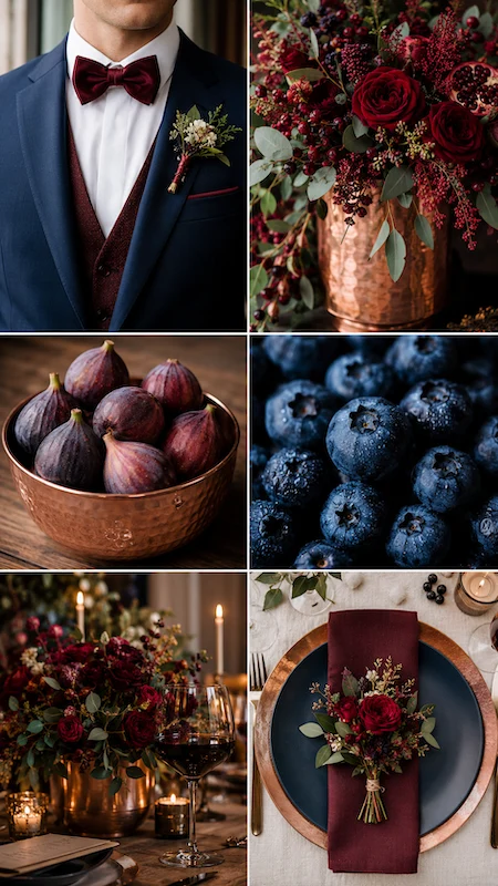 Wedding color palettes: 25 combinations that actually work 16 Moody burgundy wedding inspiration board with navy tuxedo, copper florals, figs, blueberries, and candlelit décor