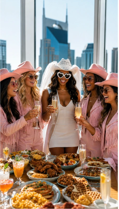 Bride and bridesmaids in pink cowgirl outfits enjoy a Nashville brunch with champagne, skyline views, and southern food