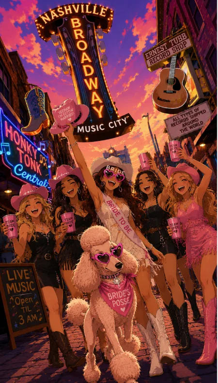 Animated Nashville Broadway bachelorette party with bride squad, pink cowgirl hats, neon signs, and poodle at sunset