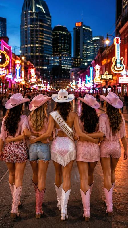 Five women in pink cowgirl hats and boots walk down Nashville Broadway at night, celebrating a bachelorette party weekend