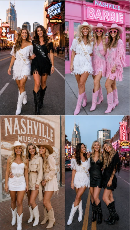 Four Nashville bachelorette outfit ideas featuring fringe dresses, cowboy boots, bride sashes, and Broadway nightlife backdrops