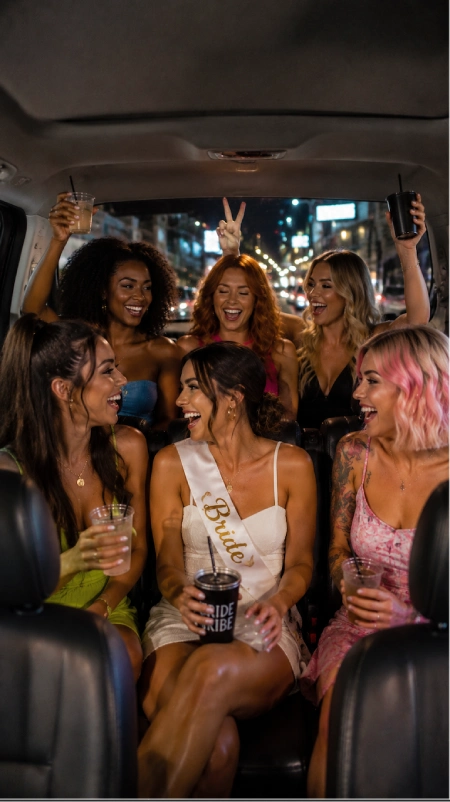 Bride and friends ride through Nashville at night in a party van, laughing with drinks during a lively bachelorette weekend