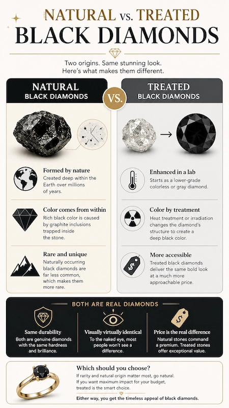 Black Diamond Wedding Rings for Men: Bold, Masculine, and Built to Last 2 Infographic comparing natural vs treated black diamonds, including origin, color formation, rarity, and pricing to support Black Diamond Wedding Rings for Men buyer education and help grooms understand the real differences before purchasing.