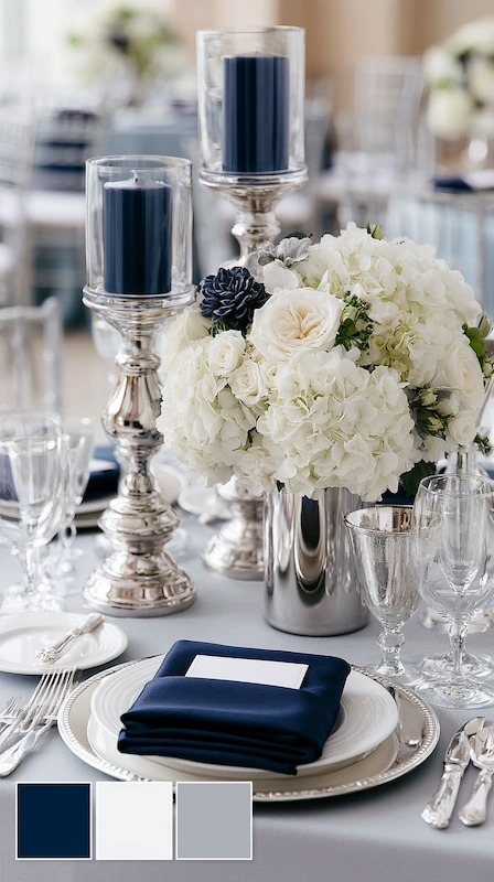 Wedding color palettes: 25 combinations that actually work 3 Navy blue and silver wedding tablescape with white hydrangeas, crystal glassware, and elegant candlelit décor representing a modern spin on wedding color palettes