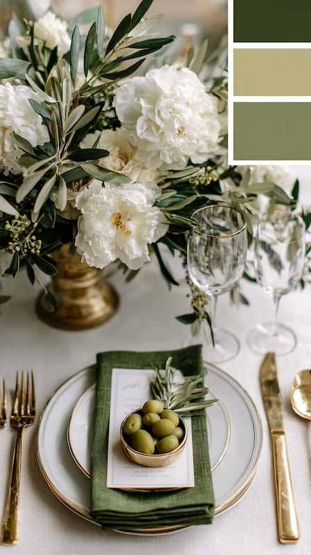 Wedding color palettes: 25 combinations that actually work 11 Olive green and ivory wedding tablescape with peonies, gold flatware, crystal glasses, and Mediterranean details