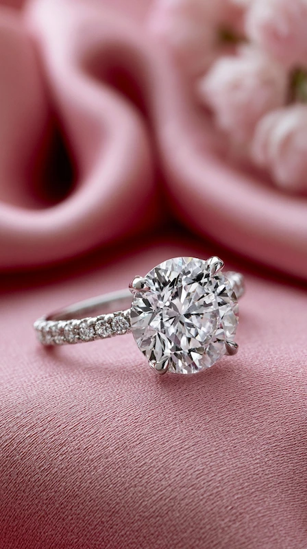 Popular Engagement Rings That Will Still Turn Heads in 20 Years 5 Oval diamond engagement ring with pavé band on soft pink fabric, close-up with blurred blush florals and elegant styling