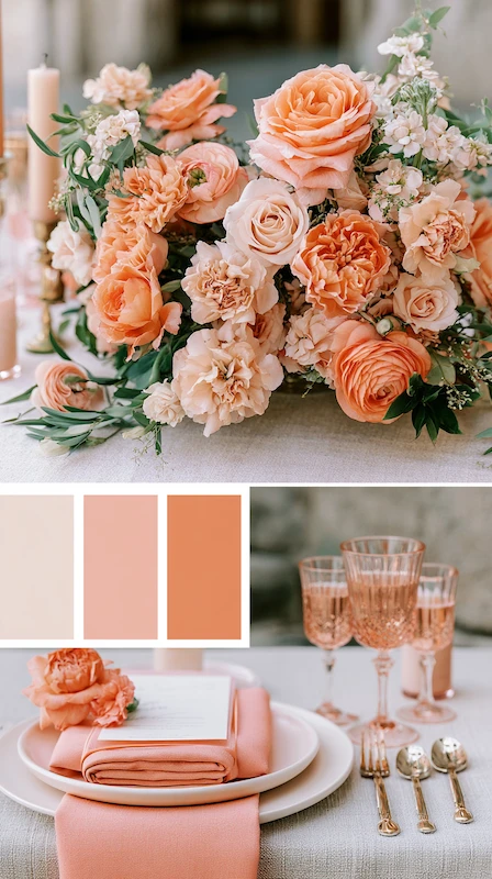 Wedding color palettes: 25 combinations that actually work 18 Peach and champagne wedding palette with coral florals, blush napkins, crystal stemware, and romantic styling