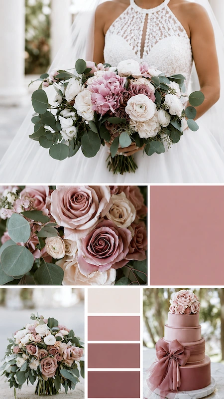 Wedding color palettes: 25 combinations that actually work 19 Romantic blush wedding inspiration board with bridal bouquet, dusty rose florals, mauve cake, and soft greenery