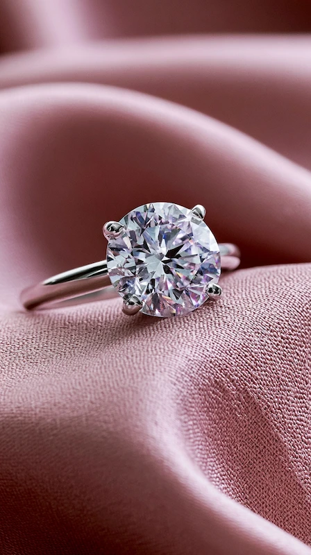 Popular Engagement Rings That Will Still Turn Heads in 20 Years 2 Round brilliant solitaire diamond engagement ring on blush pink satin fabric, close-up with soft lighting and elegant folds