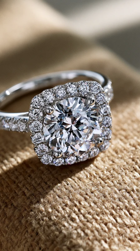 Popular Engagement Rings That Will Still Turn Heads in 20 Years 3 Round diamond halo engagement ring with pavé band on textured beige fabric, close-up showcasing sparkle and detailed setting