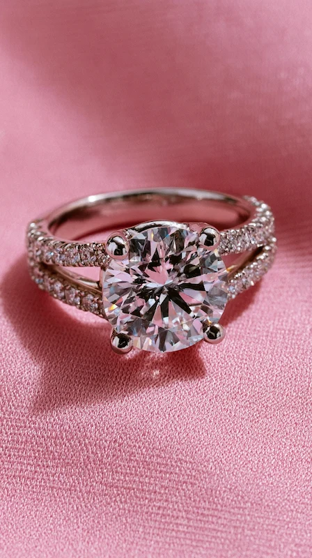 Popular Engagement Rings That Will Still Turn Heads in 20 Years 7 Round diamond split shank engagement ring with pavé band on pink fabric, close-up highlighting sparkle and elegant design