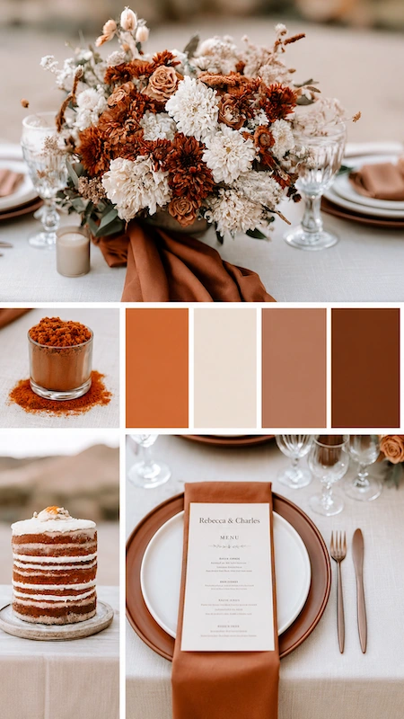 Wedding color palettes: 25 combinations that actually work 22 Rust and terracotta wedding palette with dried florals, caramel linens, layered cake, and warm autumn tablescape