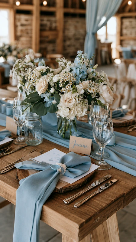 Dusty Blue Wedding Ideas: The Complete Color Palette Guide 16 Rustic wedding reception table with dusty blue napkins, white florals, wooden tables, and elegant barn décor