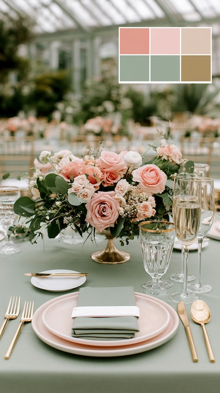 Wedding color palettes: 25 combinations that actually work 7 Sage green and dusty rose wedding tablescape with blush florals, gold flatware, and greenhouse elegance