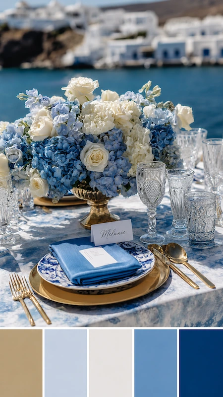 Wedding color palettes: 25 combinations that actually work 14 Elegant Santorini wedding table with blue hydrangeas, gold chargers, crystal glassware, and coastal ocean backdrop