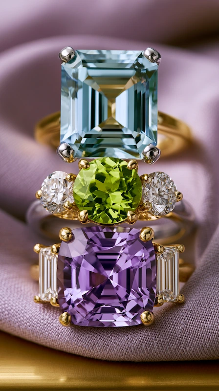 Popular Engagement Rings That Will Still Turn Heads in 20 Years 11 Stacked gemstone rings with aquamarine, peridot, and amethyst on soft mauve fabric, featuring gold settings and mixed cuts